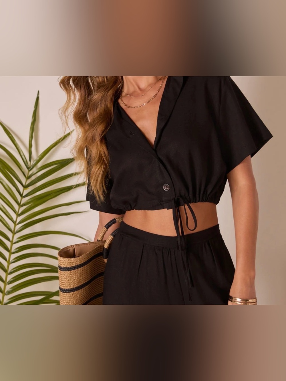 Vici Black Cropped Button-Front Drawstring Top